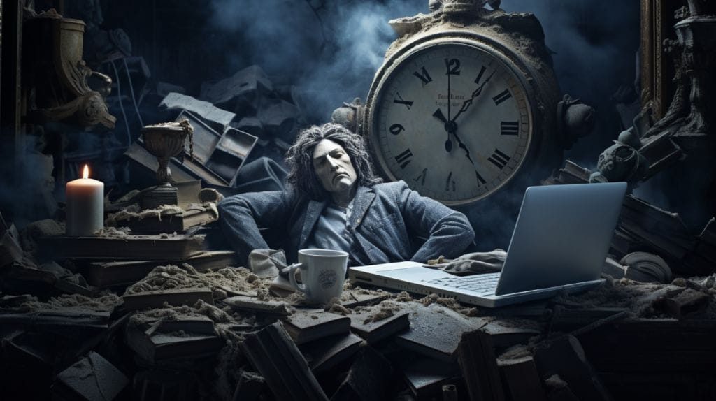 An exhausted person slumped over a desk cluttered with papers, laptop and empty coffee cups, with a dimly lit clock showing midnight, and a surreal overlay of a crumbling statue