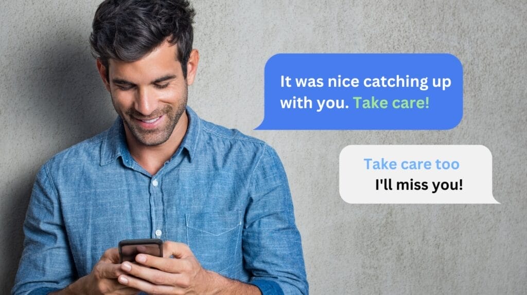 A man smiling on his phone as he received a message about taking care