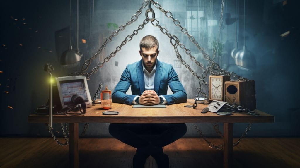a stressed person chained to a desk