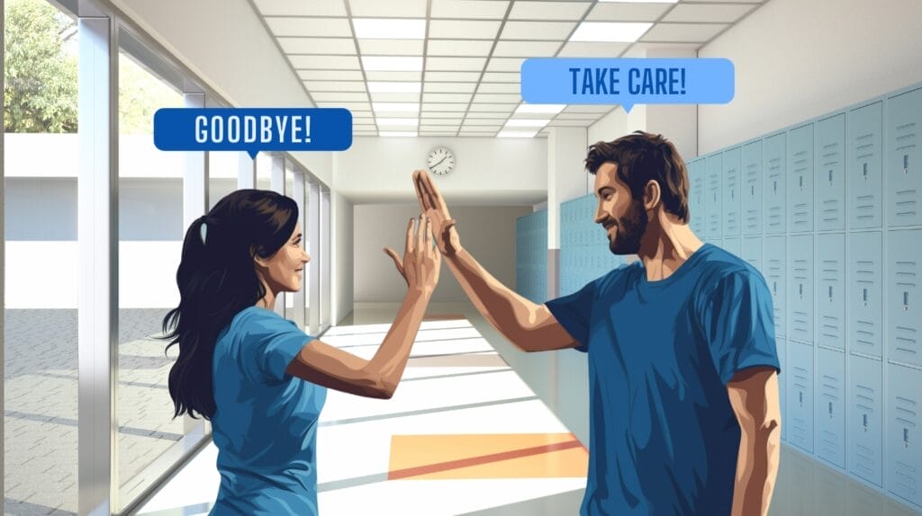 A man and women bidding farewells but using different phrases to express their goodbyes