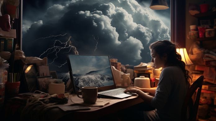 woman engrossed in her laptop at a cluttered desk, while a storm rages outside her window, symbolizing emotional turmoil she's ignoring
