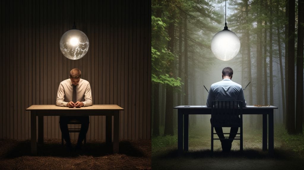 split image of a man from being workaholic to balance
