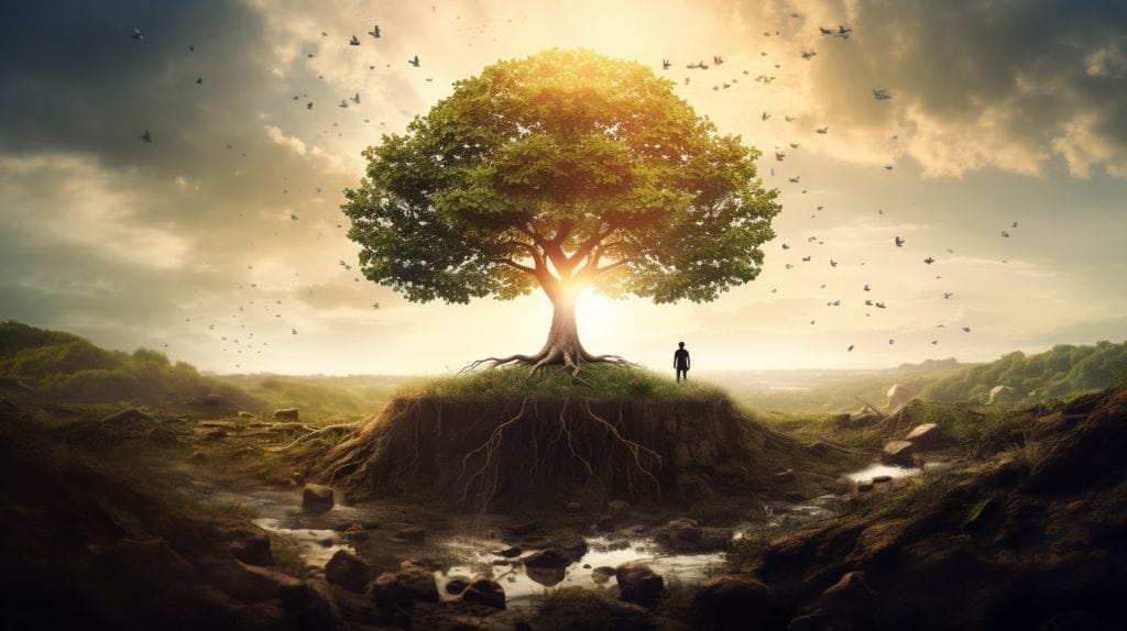 A flourishing tree with a person at the base.