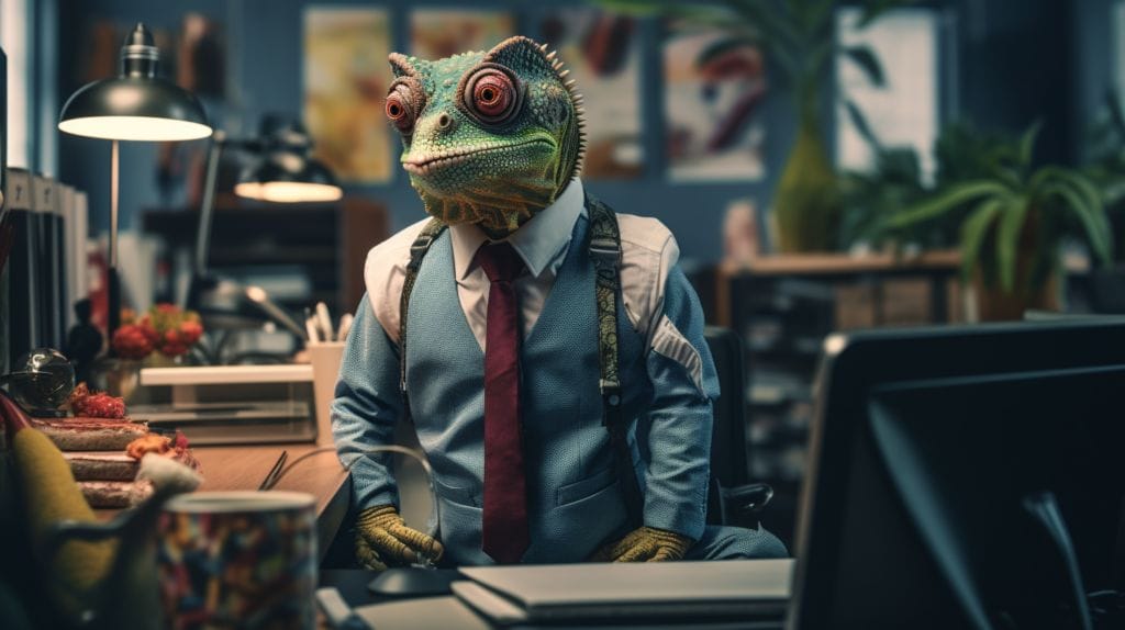 a chameleon seamlessly blending into an office settings symbolizing adaptability to workplace changes for long-term employment survival