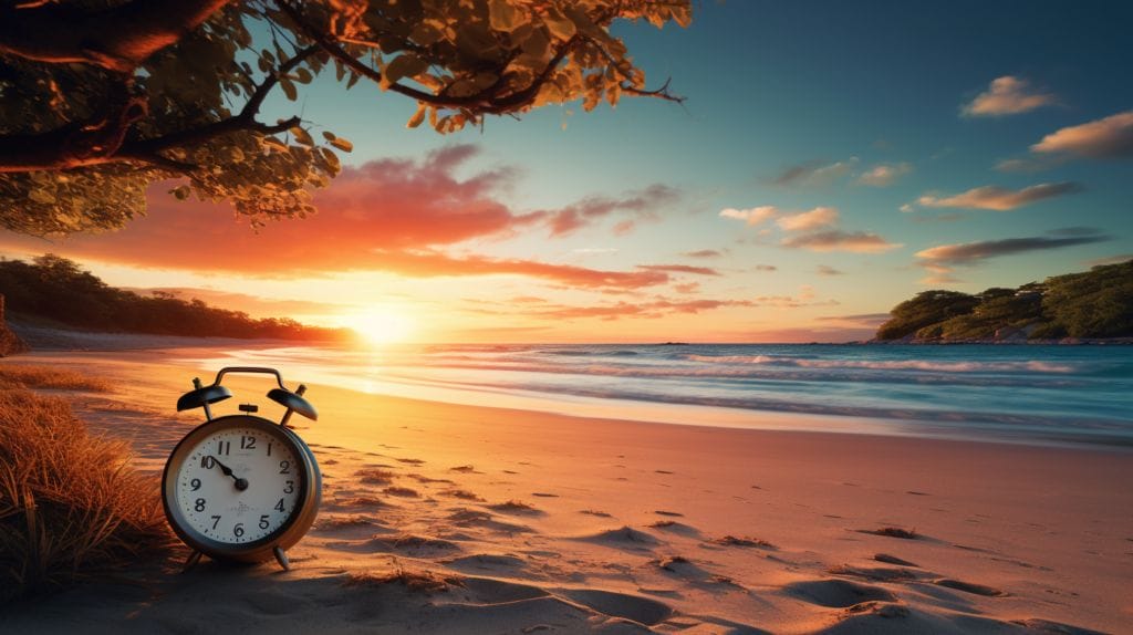 a quiet beach with a clock to symbolize timely breaks
