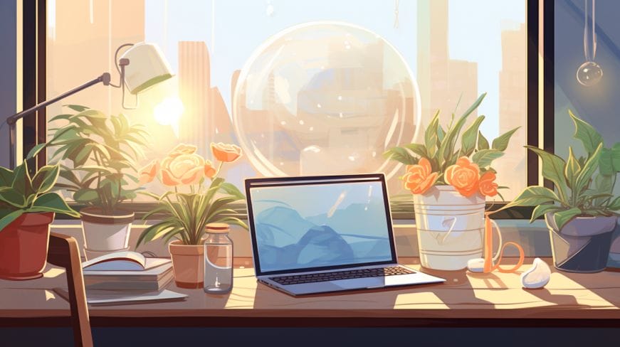 a serene office space, with a sunlight-filled window, a thriving plant, a laptop displaying a calming screensaver.