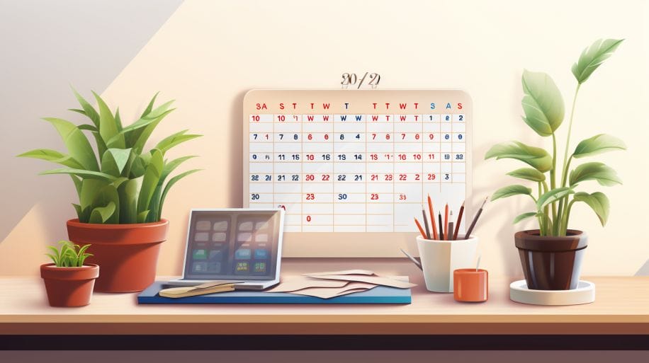 a calendar in between, a comfortable office scene with personalized desk items and a successfully thriving potted plant,