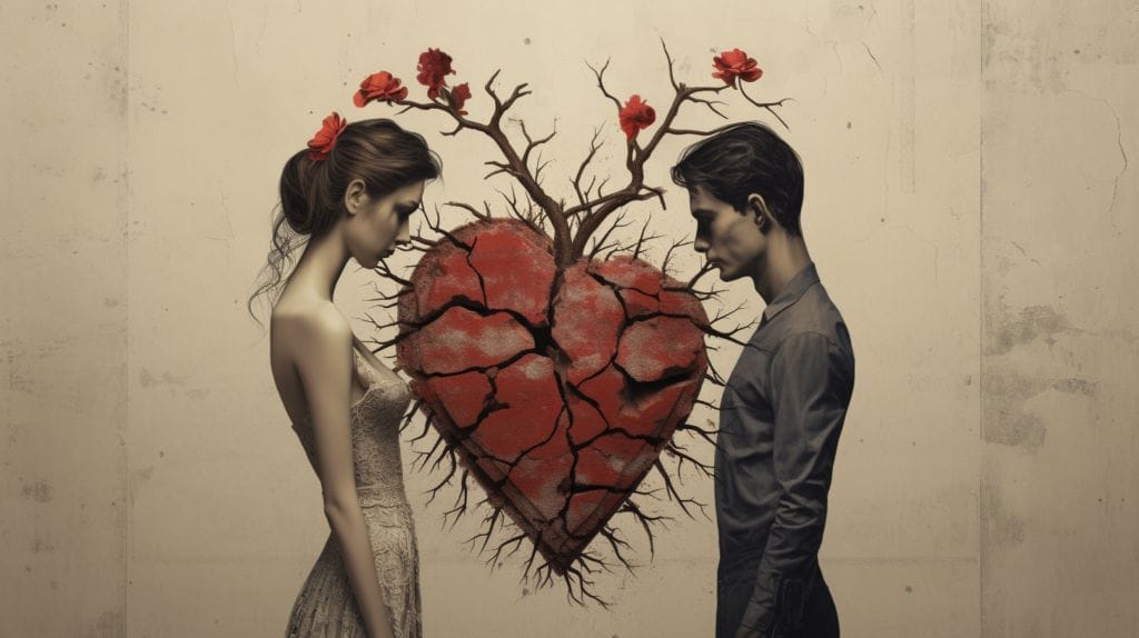 Incorporate images or symbols that depict relationship strains and bereavement, perhaps a broken heart