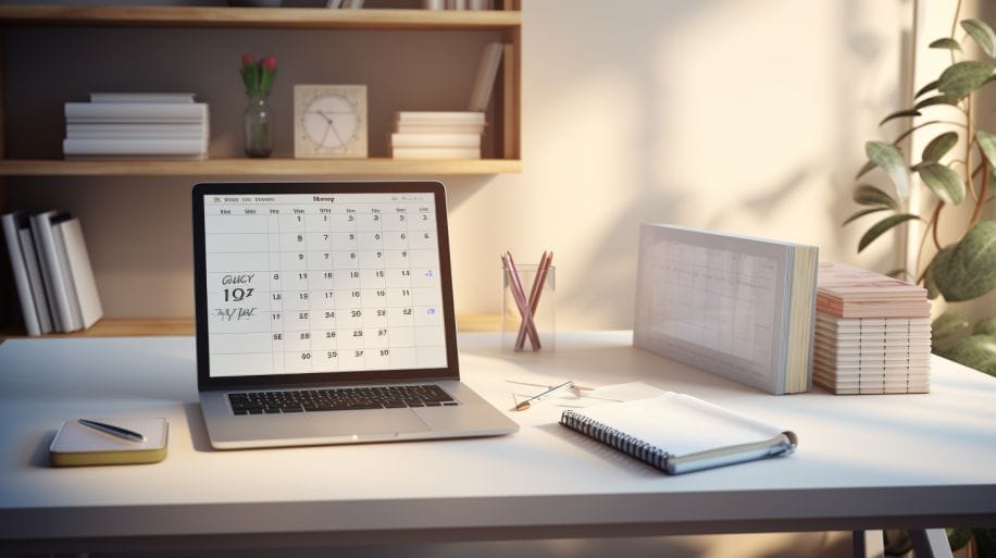 a calendar marking out time for self-improvement activities on a laptop, a notebook on business strategy.