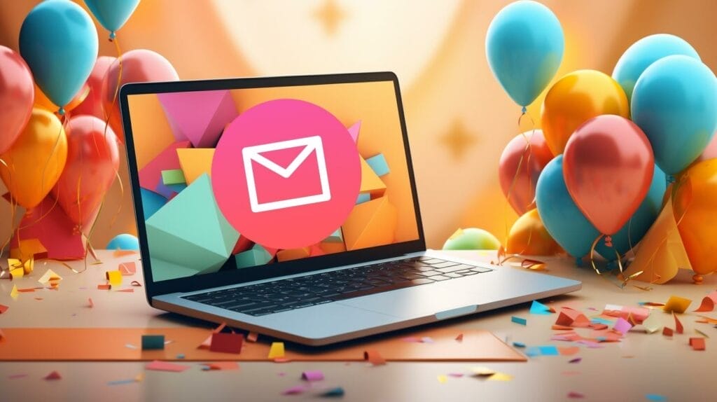 a laptop with a big email icon on screen, surrounded by balloons and confettis