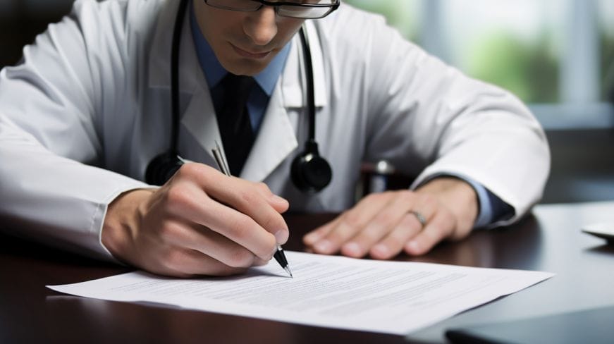 A healthcare worker writing a resume objective.