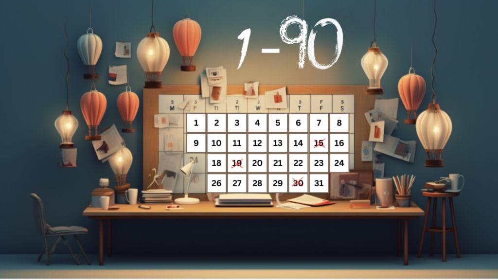 A table full of work related things and a big calendar in between, lanterns around it and a number 1-90 written on top 