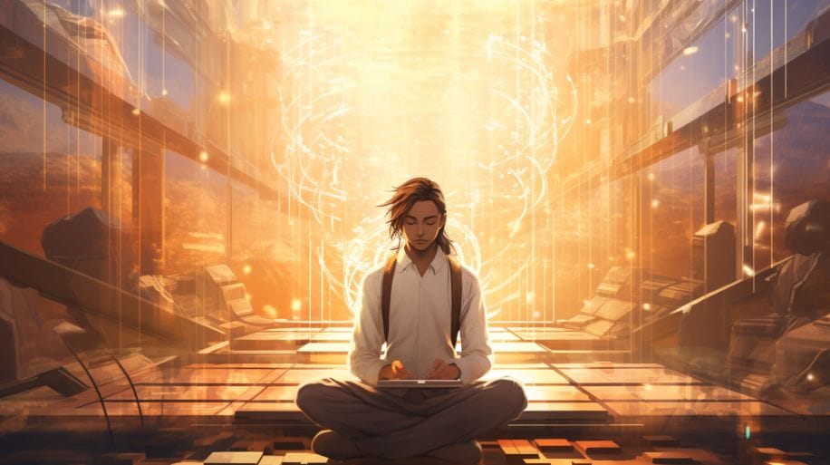 An image of a serene individual peacefully meditating with a beam of sunlight illuminating them.