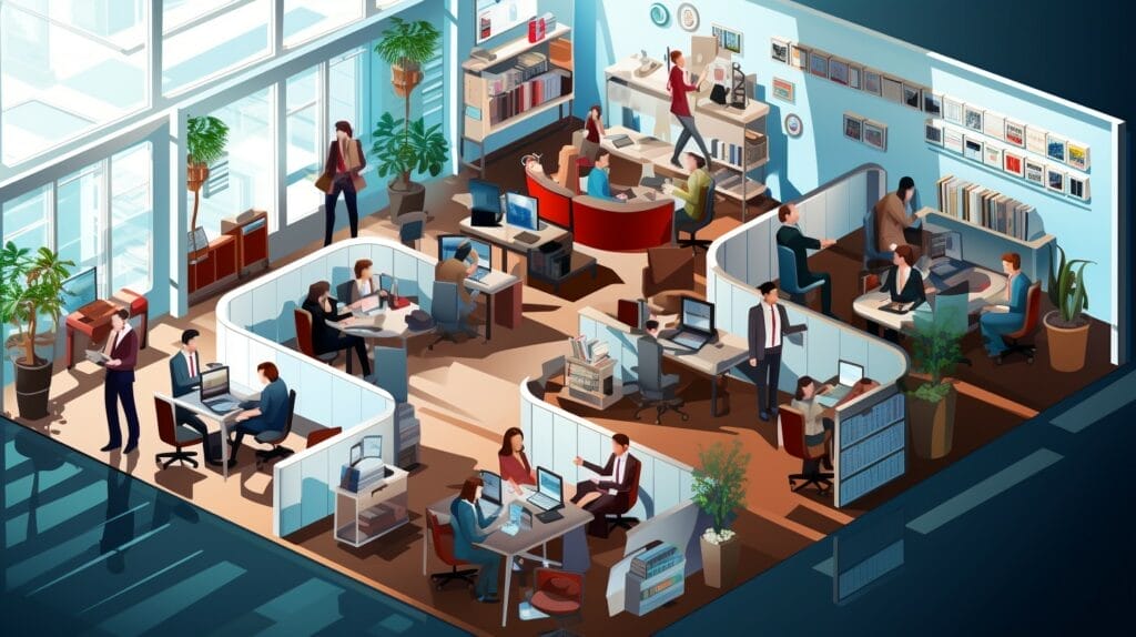 a office setting with idle employees utilizing their free time