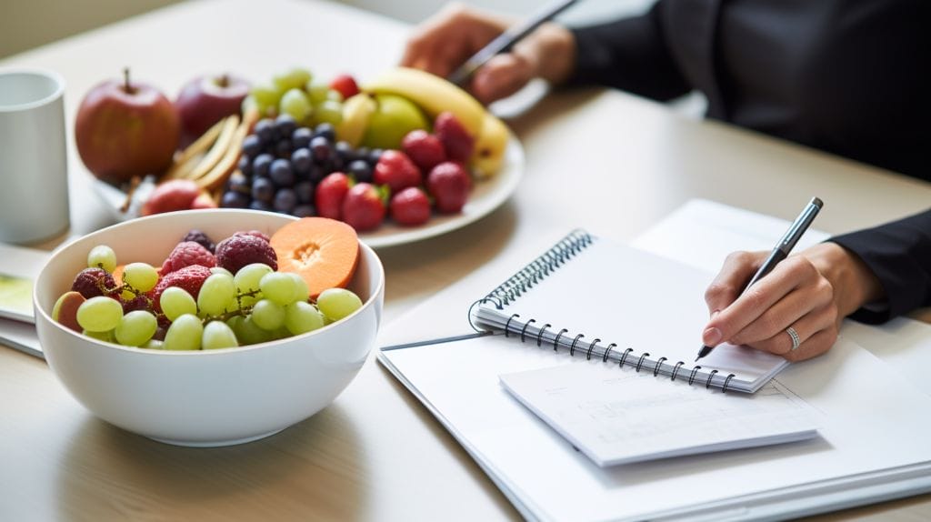 a person at an organized desk with a planner, with a bowl of fruits