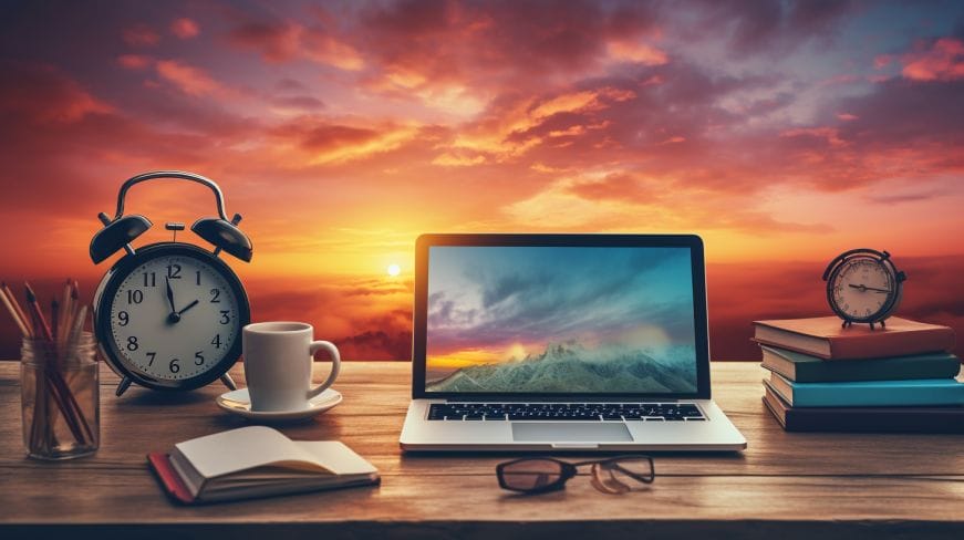 Vibrant sunrise over a productive desk: clock, coffee, laptop, notepad, organized stationery. 