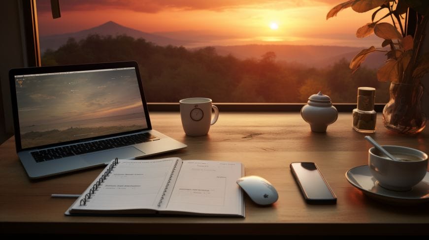 Serene sunrise over a home office desk with a well-organized planner, laptop, and green tea.