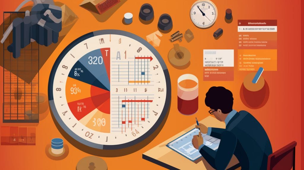 image featuring a worker on duty, with a pie chart and bar graph representing time study data