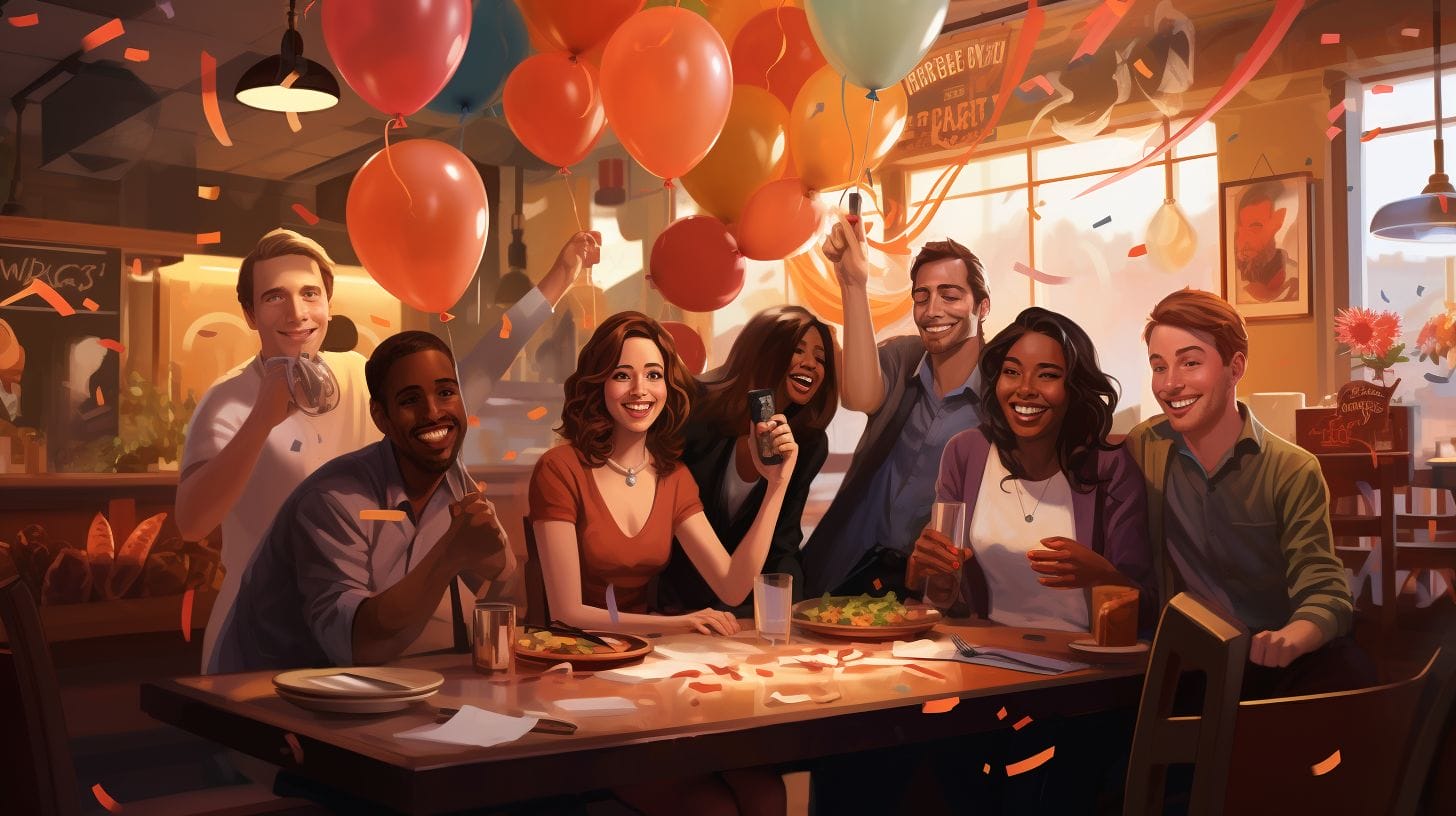A cozy restaurant setting with smiling coworkers around a table adorned with diverse foods and drinks, balloons, and a 'Goodbye' banner