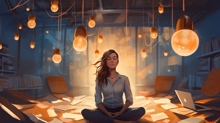 An image of a person peacefully meditating amidst office chaos, with a light bulb symbolizing new strategies