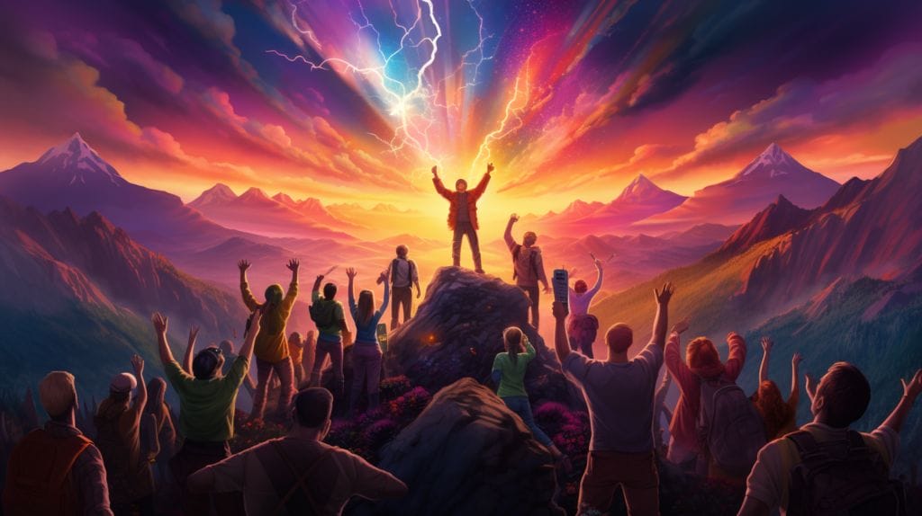 people cheering on top of a mountain