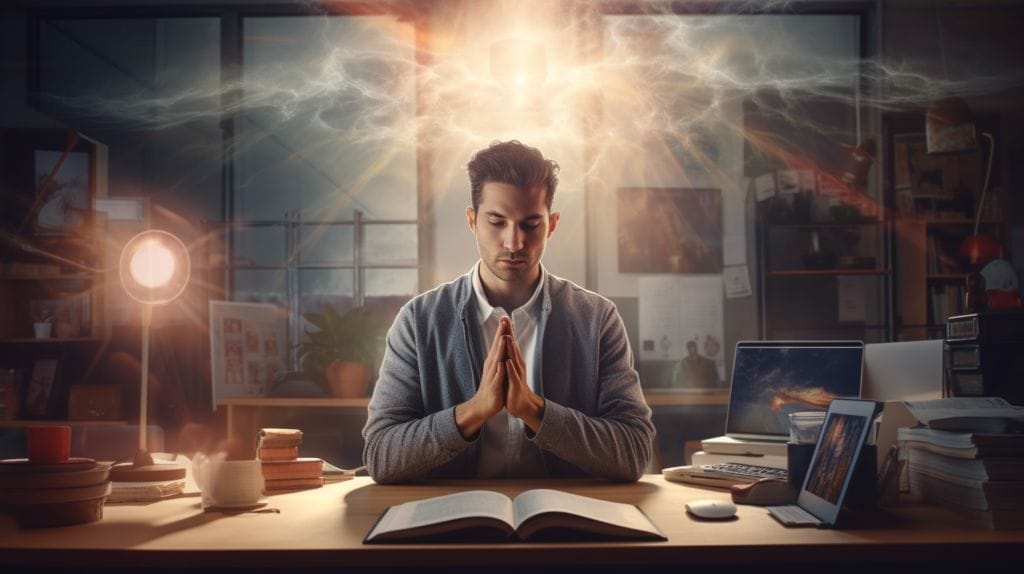 a person peacefully having a short prayer for stress at work, surrounded by soft light