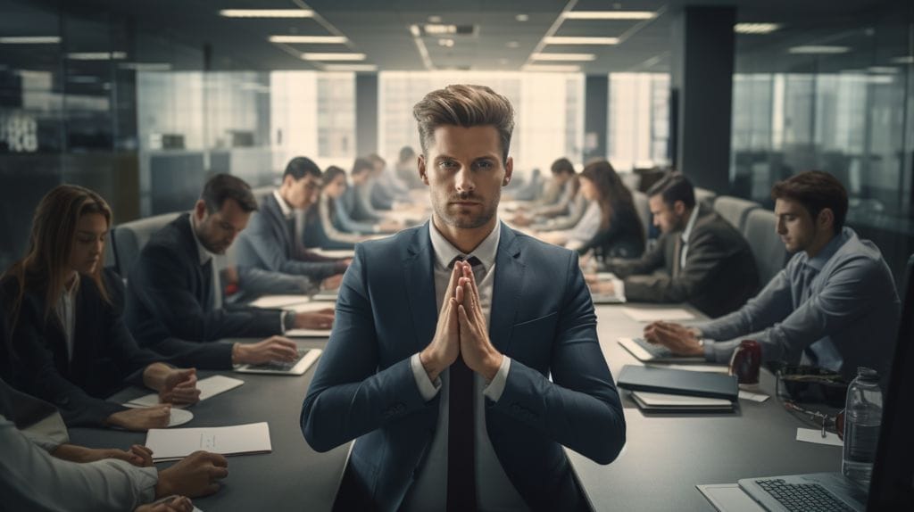 A chaotic office environment with an employee in business attire meditating peacefully his hands clasped in prayer