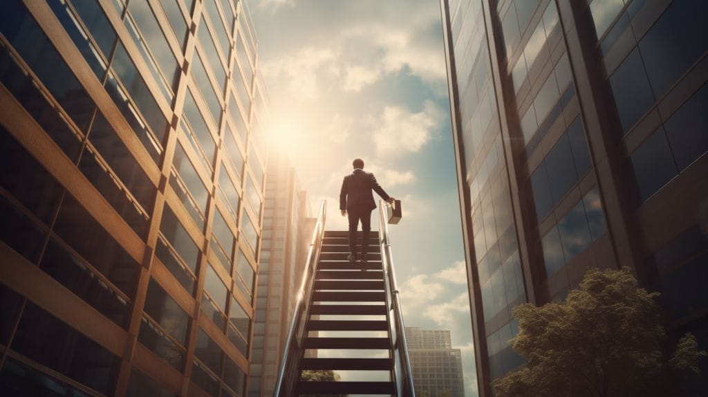 a person climbing a corporate ladder holding a briefcase