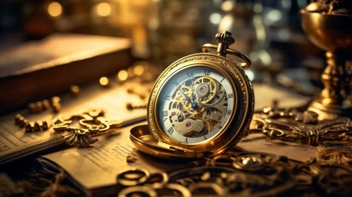 gold pocket watch against a blurred background of a cluttered, messy work desk.