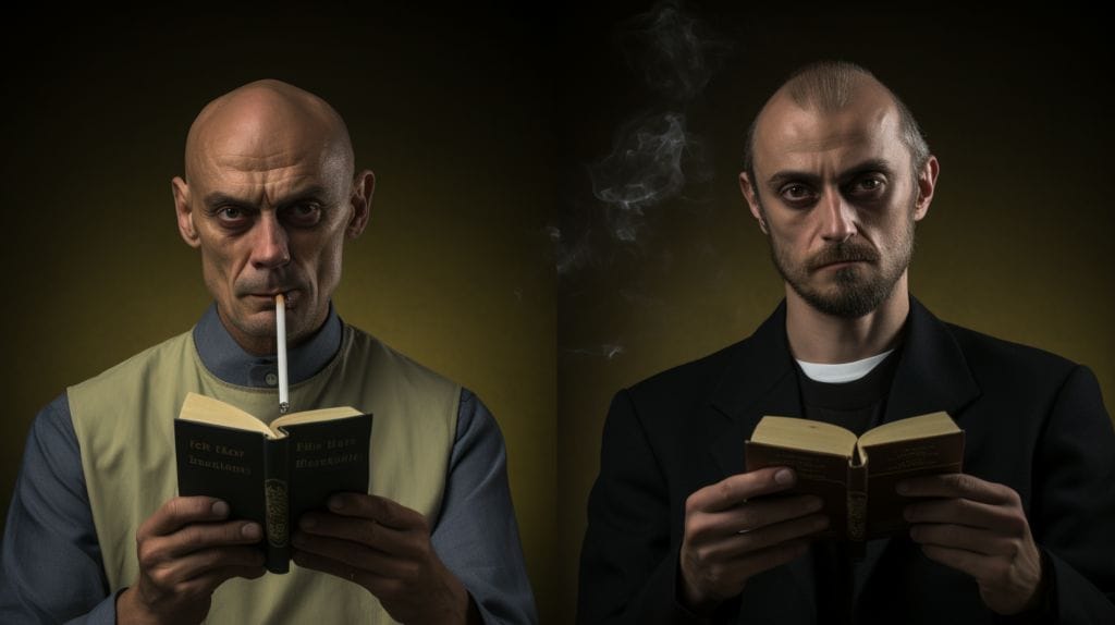 side by side image of a man holding cigarette and a book and a man holding only a book