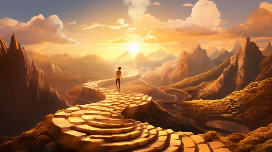 a person climbing a winding road on a mountain, with stepping stones, leading towards a shining golden sun.