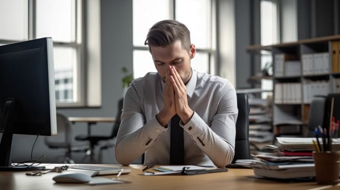an office worker having a short prayer for stress at work