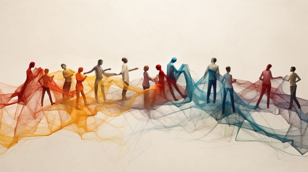 people connected by colorful threads