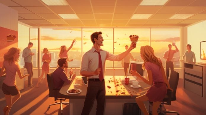 a joyful office scene with employees enjoying cake, packing personal items, exchanging hugs and handshakes, and walking out of the office door into a vibrant sunset