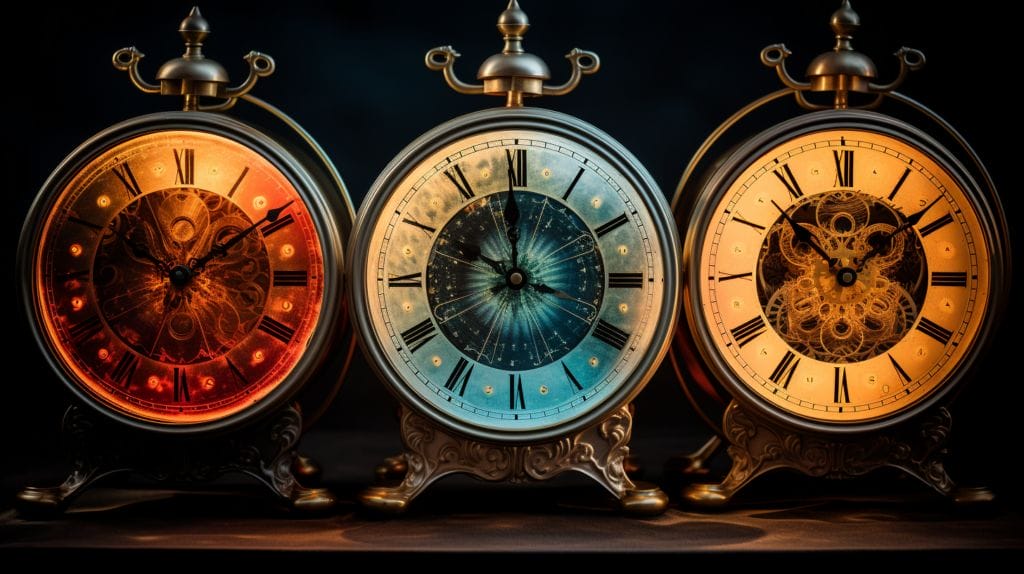 an image of three clocks