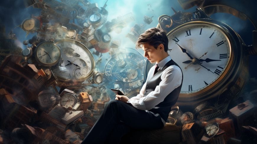 a guy sitting looking at a tablet, there are many clock in the background.