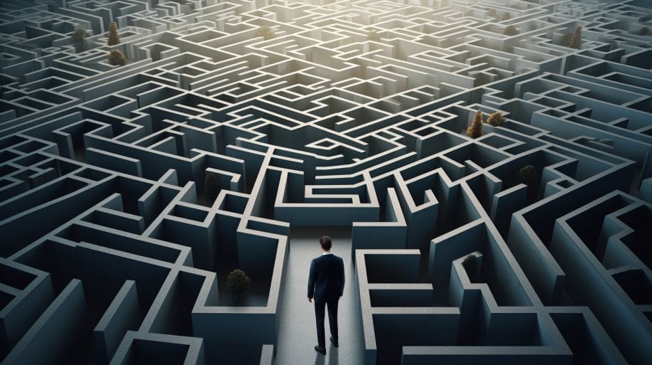 a figure standing at the entrance of a complex maze
