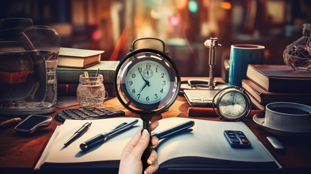 image of a magnifying glass hovering over a stopwatch, surrounded by various office tools