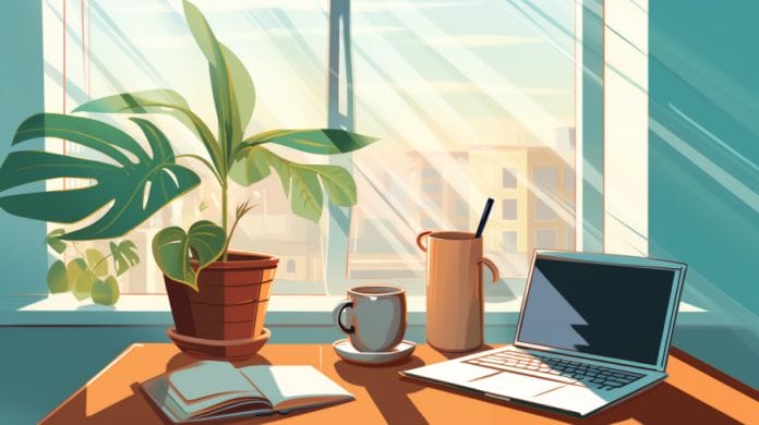 Bright desk setup: laptop, coffee mug, notebook, plant, clear blue sky through the window.