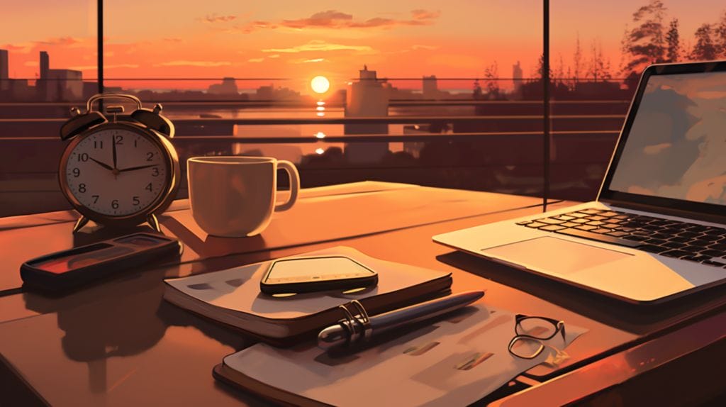 a desk with a laptop, planner, and coffee cup, and a sunset