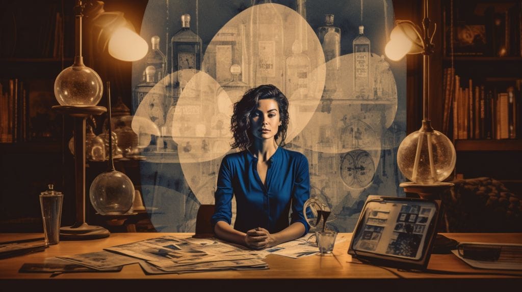 an image of a focused woman surrounded by a clock and a project blueprint