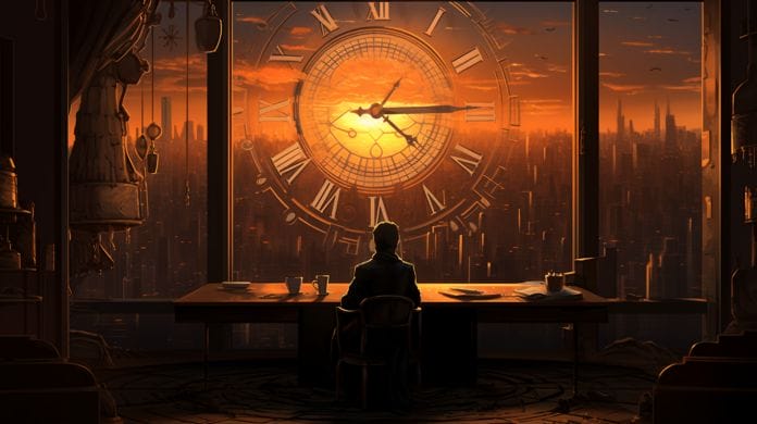 a clock with hands nearing midnight, a desk with a completed project, a satisfied person stretching, with a sunrise