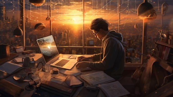 individual at a clean, well-lit desk, surrounded by tools of creativity like paintbrushes, books, and a laptop, symbolizing the essence of productive work with sunset