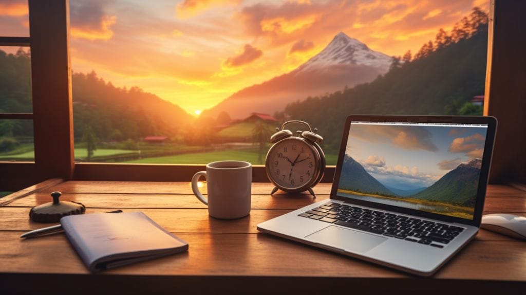  a sunrise over a tidy desk with an open laptop, a to-do list, a cup of coffee, and a clock