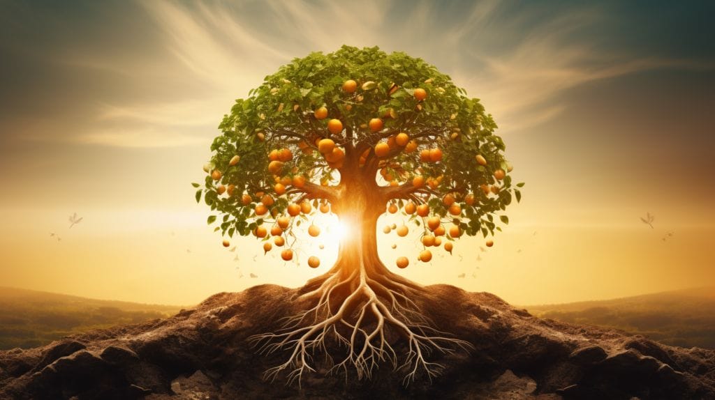  a flourishing tree with fruits, roots symbolizing time organization, goal setting, focus, and efficiency, under a bright sun of success