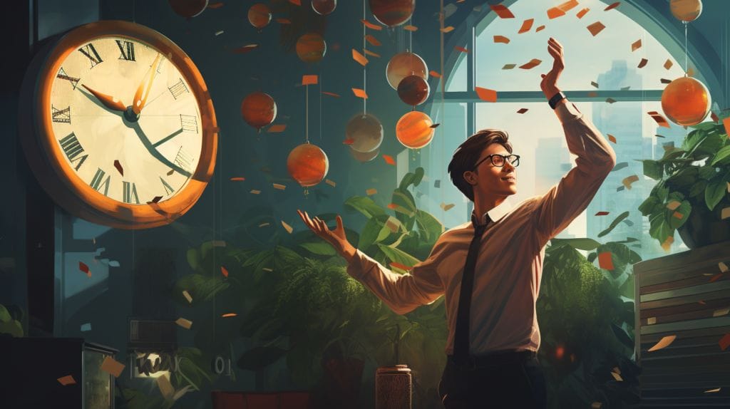 an image featuring a clock, a thriving plant, and a person juggling multiple balls, all in a serene office setting