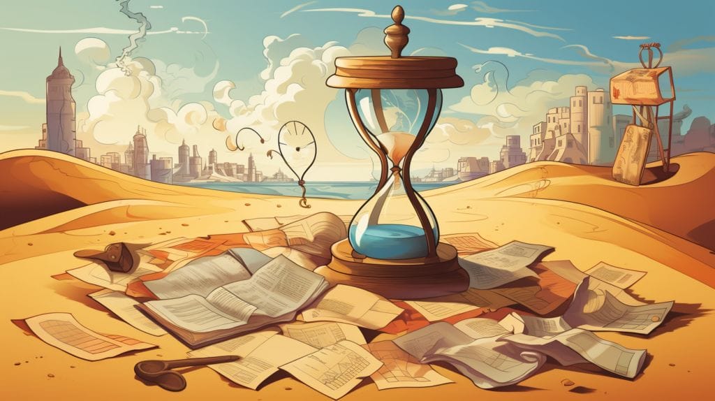 a sand hourglass, magnifying glass on top, with various-sized tasks like puzzles, books, and gears