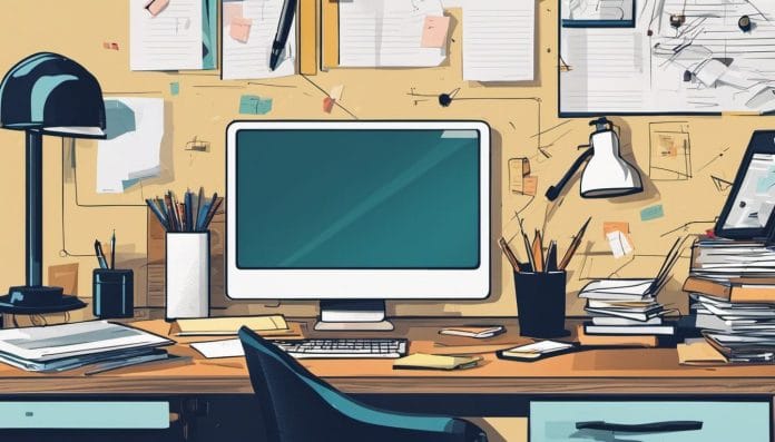 A busy and creative office desk with scattered notes and ideas