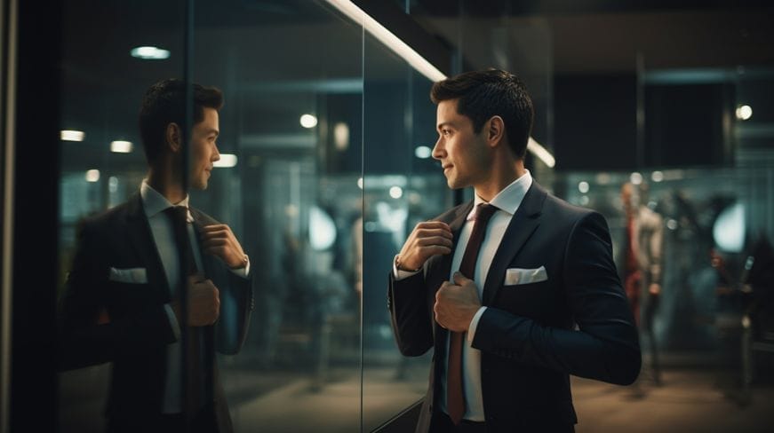 A guy looking at his reflection wearing a tuxedo.