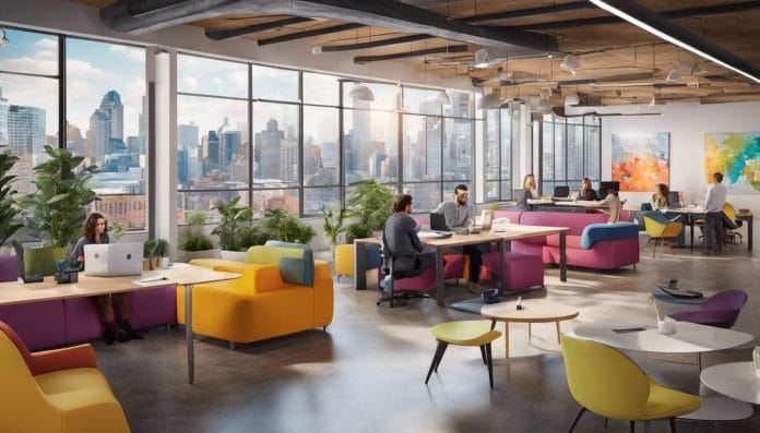 A vibrant and inclusive office with creative collaborative spaces and cityscape photography.